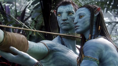 Neytiri guides Jake Sully how to use a bow and arrow. This is a shot from the Avatar movie.